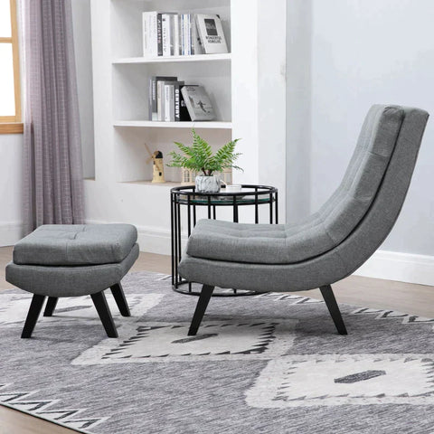 Rootz Armchair - Relaxation Lounger - Chaise Longue - Rubber Wood Legs - Armchair With Footstool - Gray - 65 x 100 x 84 cm