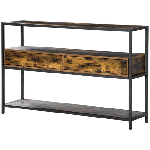 Rootz Console Tafel - Drie Brede Planken En Twee Laden - Industrieel Design - Rustiek Bruin + Zwart - 120 x 30 x 75,5 cm