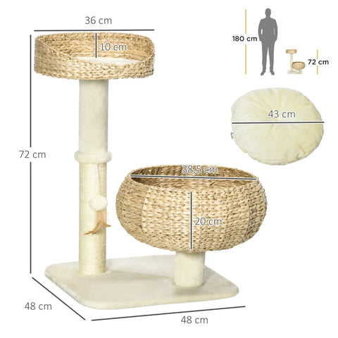 Rootz Scratching Post - Two Cat Beds - With Washable Cushions - Two Scratching Posts - Toy Ball - Beige/Cream White - 48 x 48 x 72cm