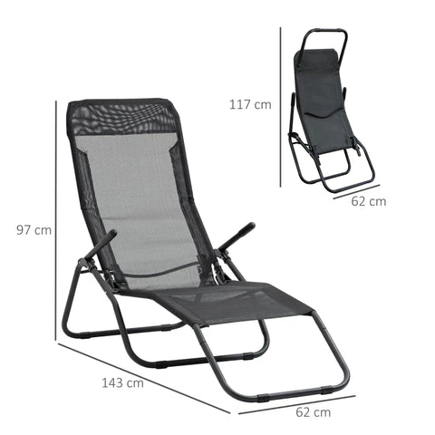 Rootz Sun Lounger - Garden Lounger - Deck Chair - Lounge Chair - Foldable - Adjustable - Textilene - Steel - Black - 62 x 143 x 97 cm