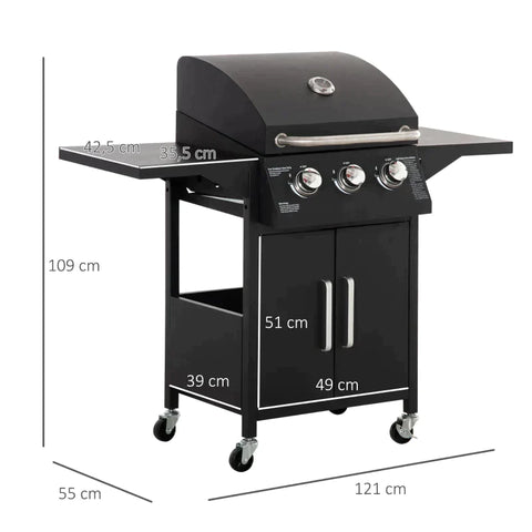 Rootz Gas Grill - BBQ With 3 Burners - Mobile Grill Trolley With 4 Wheels - Grill Net - Side Tables - Pressure Reducer - Hoses Cabinet - Multifunction - Steel - Black - 121 x 55 x 109 cm