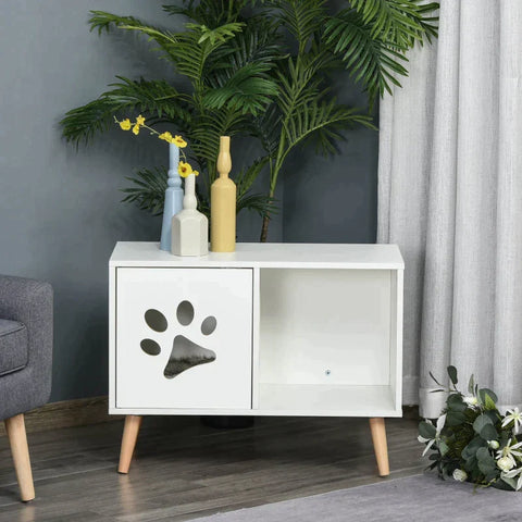 Rootz Cat Cave - Cat Cave House - Cat Litter Box Cabinet - Cat Condo - Wood - White - 75 x 40 x 55 cm