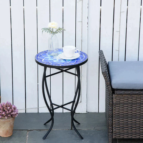 Rootz Garden Table - Side Table - Table - Metal Frame And Durable - Mosaic Design - Ceramic/Iron - Blue/White