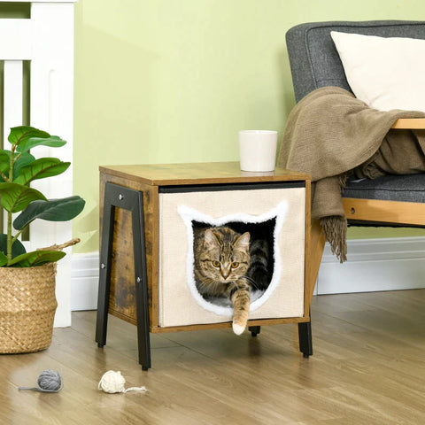 Rootz Industrial Design Cat Cave - Including Cushion - Cat House - Cat Bed - Washable Cushion - Brown + White - 41L x 34W x 43.5H cm