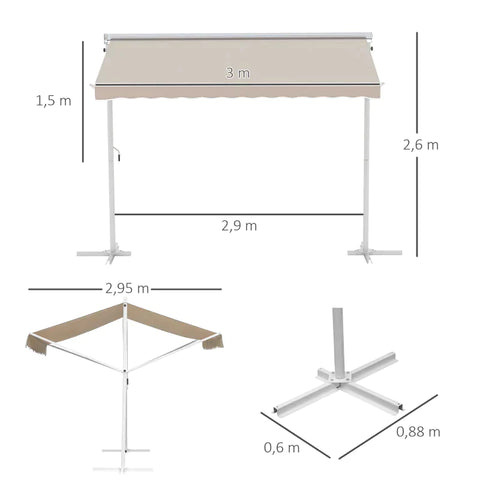 Rootz Awning - Stand Awning - Garden Awning - Folding Arm Crank - Beige - 3x3m