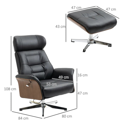 Rootz Relaxation Chair With Footstool - 360° Rotatable - Reclining Function - Reading Chair - Black - 80 x 84 x 108 cm