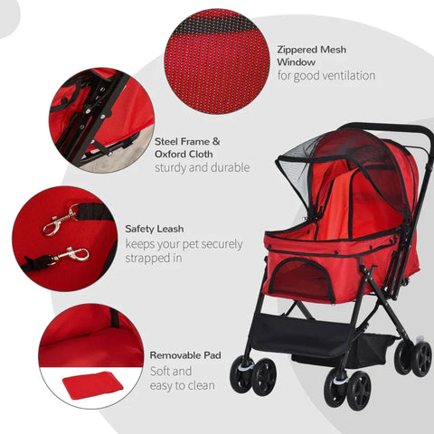 Rootz Dog Buggy - Dog Cart - Buggy for Small Dogs and Cats - Pet Cart - Pet Stroller - Cat Buggy - Oxford - Red - 76.5 x 52 x 95 cm