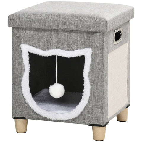 Rootz Cat Cave - Cat House - Including Play Ball - Washable Cushion - Scratching Pad - Handles - Anti-slip Foot Pad - Grey - 35.5 cm x 35.5 cm x 42.5 cm