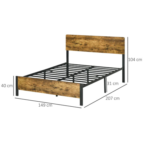 Rootz Bed Frame In Industrial Design - Black Steel Frame - Head And Footboard - Wood Look - Chipboard - Rustic Brown + Black - 149 x 207 x 104 cm