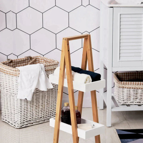 Rootz Bathroom Shelf - Bath Shelf - 3 Tier Stair Shelf - Ladder Shelf - Shelf - Bamboo - White - 30 x 18 x 81 cm