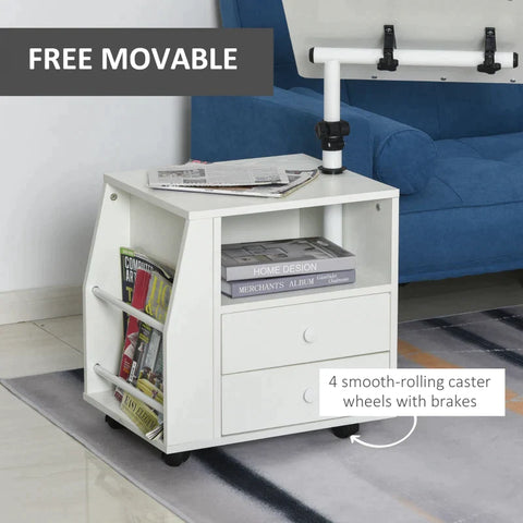 Rootz Side Trolley - Side Table - Flexible Tabletop - 2 Drawers - Newspaper Compartment - 4 Wheels - White - 60 x 40 x 90 cm