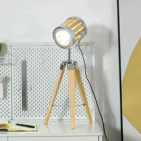 Rootz Table Lamp - Bedside Lamp - Tripod Lamp - Wood Tripod Frame - Spotlight Design - Natural/Silver - 30 cm x 30 cm x 68 cm