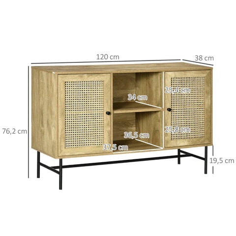 Rootz Kitchen Cabinet - Boho Design - Sideboard - 2 Open Shelves - 2 Cupboards - Steel - Natural + Black - 120L x 38W x 76.2H cm