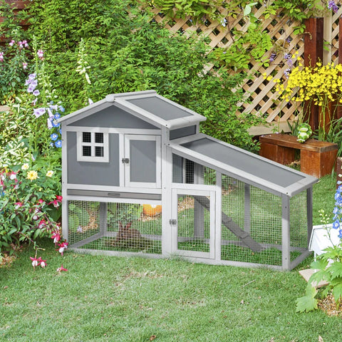 Rootz Rabbit Hutch - Wooden Rabbit Hutch - 2 Tier Guinea Pig Cage - Bunny Run - Small Animal House - Grey - 150 x 66 x 100cm