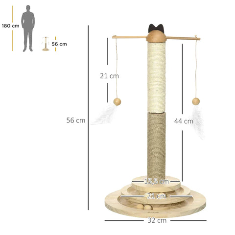 Rootz Scratching Post - Cat Tree - Cat Tower - Kitty Activity Center - With Turntable Interactive Ball Toy - Natural - 32cm x 32cm x 56cm