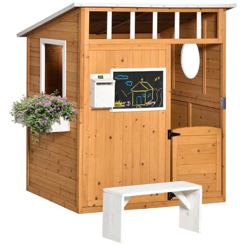 Rootz Speelhuis Voor Kinderen - Houten Kinderspeelhuis Met Raam - Brievenbus - Buitentuin Speelhuis Met Bloempotrek - Houten Speelhuis - Dennenhout - Geel - 122 x 108 x 135,5 cm