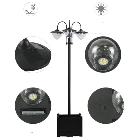 Rootz Solar Light - Tuinlamp - Waterdichte tuinlamp - RVS Solar Light - Bloempot Basislicht - Zwart - 60 X 55 X 189 Cm