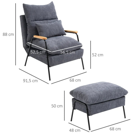 Rootz Armchair With Ottoman - Including Cushions -  Relaxation Chair With Stool - Wing Chair - Gray - 68 cm x 91.5 cm x 88 cm