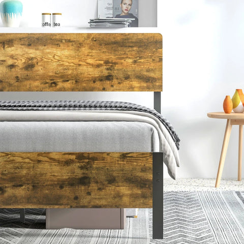 Rootz Bed Frame In Industrial Design - Black Steel Frame - Head And Footboard - Wood Look - Chipboard - Rustic Brown + Black - 149 x 207 x 104 cm