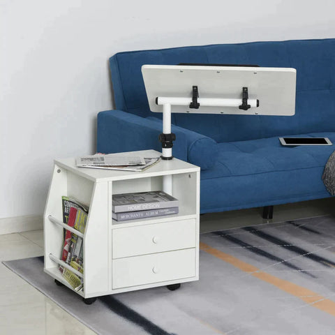 Rootz Side Trolley - Side Table - Flexible Tabletop - 2 Drawers - Newspaper Compartment - 4 Wheels - White - 60 x 40 x 90 cm