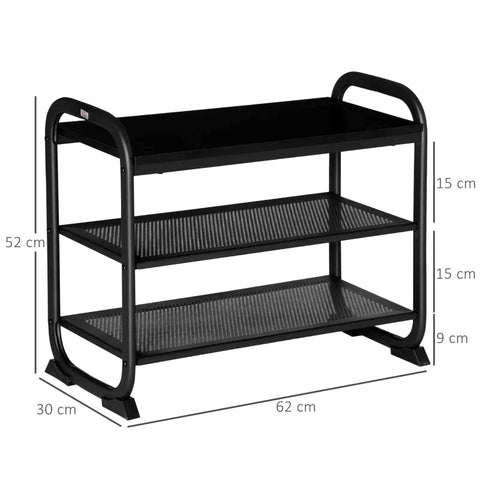 Rootz Schoenenrek - Schoenenbank - Opbergrek - Met 3 Planken - Metaal - Zwart - 62L x 30B x 52H cm
