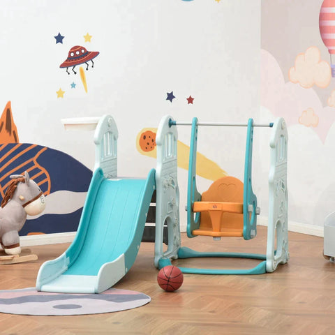 Rootz 3-in-1-Rutsch- und Schaukelset für Kinder – Spielstation – Schaukel und Basketballkorb – drinnen – draußen – Blau/Grün/Gelb – 149 x 186 x 98 cm