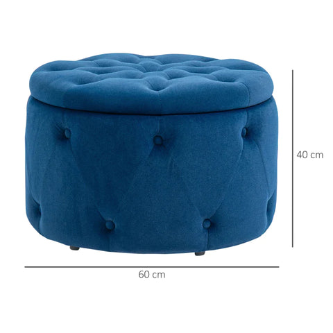Rootz Stool - Round - With Storage Compartment - Quilted Design With Buttons - Cover In Velvet Look - Blue - 60 x 60 x 40cm