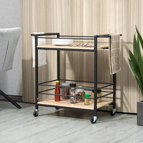 Rootz Kitchen Trolley - Serving Trolley With 2 Shelves - Railing - Steel - Black + Wood - 82 x 40 x 75cm