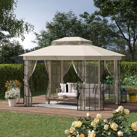 Rootz Gazebo - Garden Pavilion - Garden Tent - Marquee Party Tent With 4 X Mosquito Net - Breathable - Double Roof - Metal - Polyester - Black + Beige - 365L x 300W x 265H cm