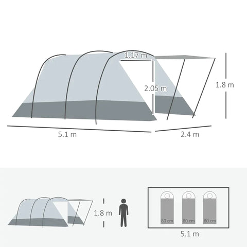 Rootz Campingtent - Tunneltent - Kampeertent met slaapkamer - Woonkamer - ingenaaide vloer - 3 deuren en draagtas - 2000 mm waterkolom voor vissen - Wandelen - Sporten - Reizen - Grijs - 5.10x2.40x1.80m