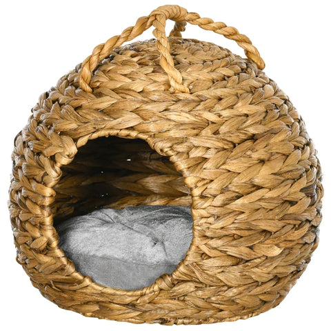 Rootz Cat Cave - Rattan Cat House - Water Hyacinth Grass with Handle - Natural - 41cm x 38cm x 41cm