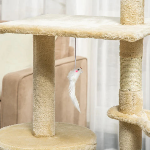 Rootz Scratching Post - Cat Tree - Cat Climbing Tree - Climbing Tree - Cat Scratching House - Cat Cave - 4 Toys - Beige + White - 50 x 35 x 134.2 cm