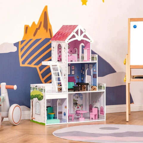 Rootz Wooden Dollhouse - Kids Dollhouse - Dreamhouse Villa - With Furniture Accessories - Pink - 60 x 29 x 85 cm