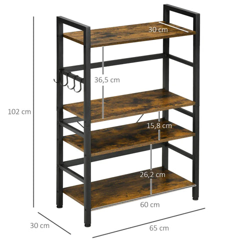 Rootz Kitchen Shelf - Industrial Design - 4 Shelves - 4 Hooks - Standing Shelf - Shelf - Brown + Black - 65cm x 30cm x 102cm