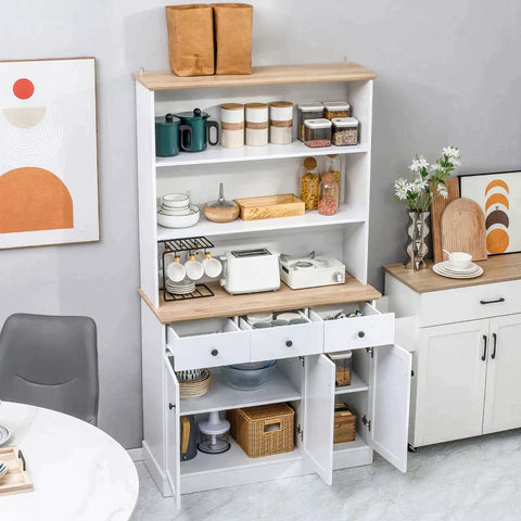 Rootz Kitchen Cabinet - 3 Drawers - Worktop In Wood Look - Large Compartment - White - 101 x 39 x 180.5 cm