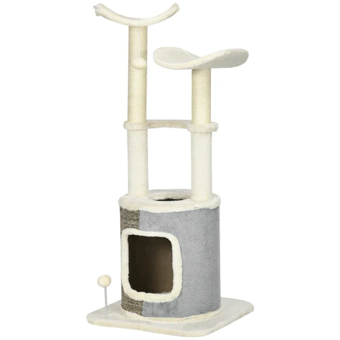 Rootz Scratching Post - With Cat Cave - Cat Tree - Two Platforms - Two Scratching Posts - Plush Cover - Creamy White - 48 x 48 x 110cm