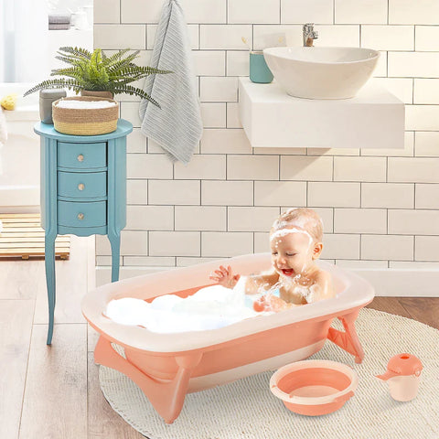 Rootz Baby Bathtub - Baby Bathtub with Sink and Shampoo Cup - Foldable Bathtub - Plastic - Pink - 84.5 x 50.5 x 24 cm