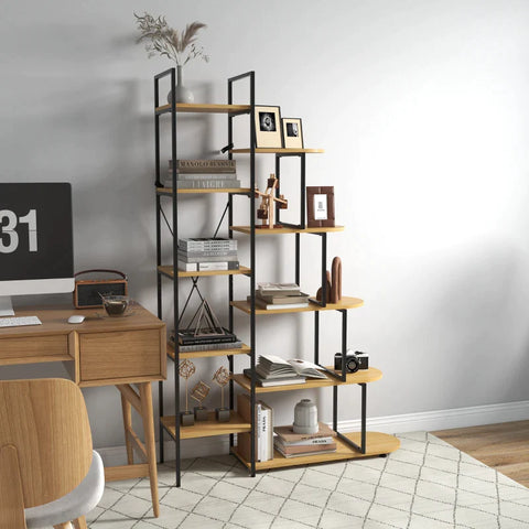Rootz Wall Shelf Bookcase - Industrial Design - X-frame Metal - Study Rooms - Robust Steel Frame - 10 Shelves - Chipboard - Natural + Black - 111.5L x 32W x 170H cm