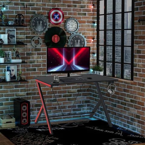 Rootz Gaming Table - Desk with Headphone Hook - Drink Holder - Computer Desk - Steel + MDF - Black - 105 x 55 x 75 cm