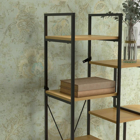 Rootz Wall Shelf Bookcase - Industrial Design - X-frame Metal - Study Rooms - Robust Steel Frame - 10 Shelves - Chipboard - Natural + Black - 111.5L x 32W x 170H cm