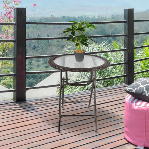 Rootz Garden Table - Folding Round - Tempered Glass - Table Top - Steel Frame - Rattan Decor - Brown - 68 x 68 x 73 cm