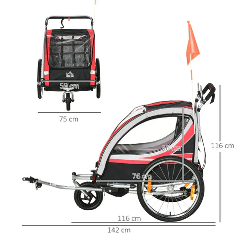 Rootz Kinderfahrradanhänger – 2-in-1-Kinderwagen – Kinderfahrradanhänger – 2-Sitzer-Transportträger – mit Anhängerkupplung – Rot/Schwarz – 142 x 75 x 101 cm