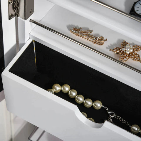 Rootz Jewelry Storage Mirror Cabinet - Wall Mounted Cabinet - Door Hanging with Hooks Shelves Drawer - 18 Lights - Brush Holder - Vanity Makeup - White -