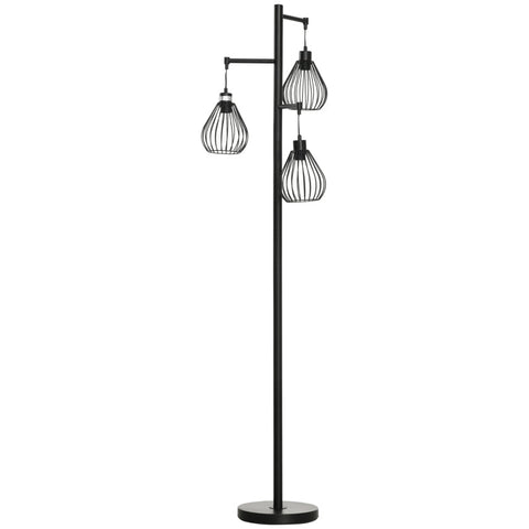 Stehleuchte Rootz – 3 Flammen – Gitterschirm – Fußschalter – E27-Fassung – Metall – Schwarz – 48 x 42 x 175 cm