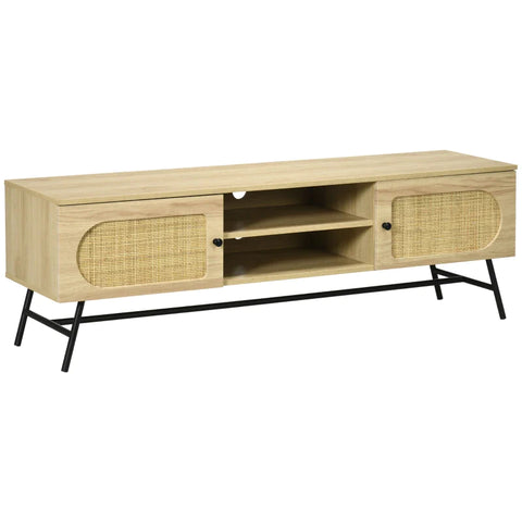 Rootz TV Bench - For TVs Up To 60'' - Two Cabinet Compartments - Two Shelves - Rattan Decor - MDF - Natural - 150 x 39 x 48.3 cm