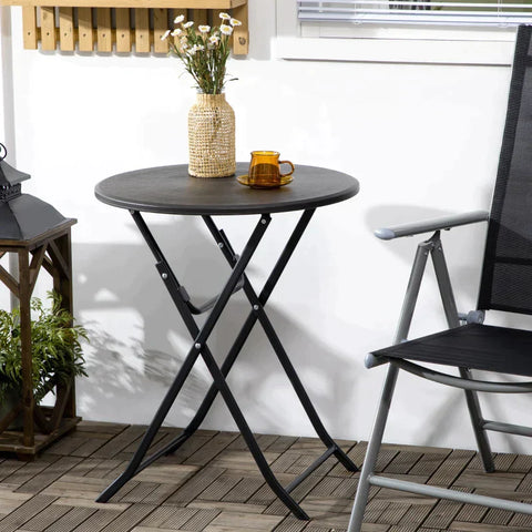 Rootz Garden Table - Round - Foldable - For 2 People - Wood Look - Steel + Plastic - Dark Grey - 60 x 60 x 73 cm