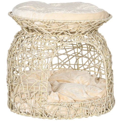 Rootz PE Rattan Cat House - 2 Tier Cat Cave with Cushion - Beige - 42cm x 42cm x 40cm