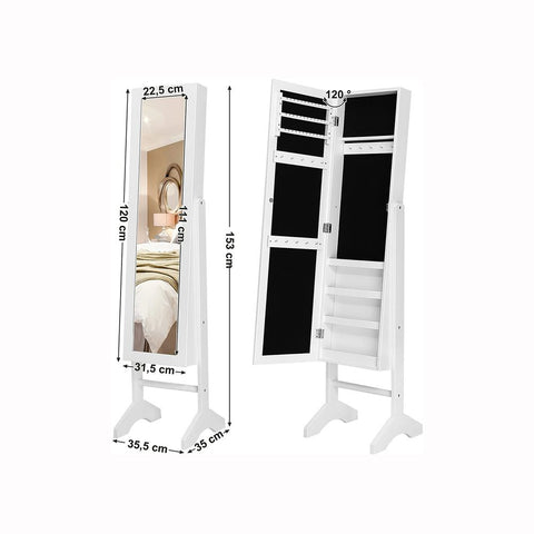 Rootz Jewelry Cabinet - Jewelry Cabinet With Mirror - Freestanding Jewelry Cabinet - Jewelry Storage - Jewelry Organizer - Jewelry Armoire - Jewelry Box - Jewelry Case - White - 35.5 x 153 x 35 cm (W x H x D)