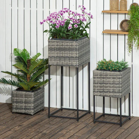 Rootz Raised Bed - Step Design - Three Plant Boxes - Rattan Look - Can Be Used Separately - Steel Frame - Gray - 40L x 40W x 100H cm
