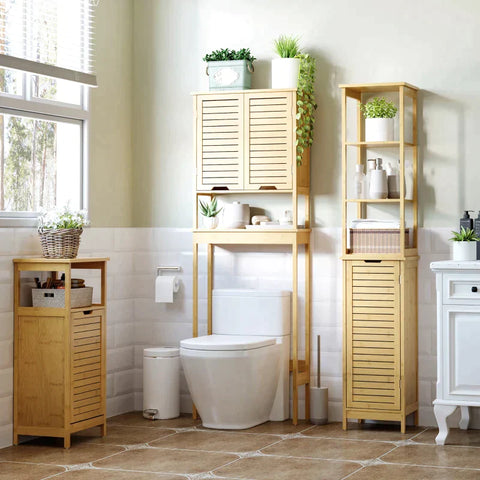 Rootz Badezimmerschrank – Hochschrank – Badezimmer-Bodenschrank – 2-in-1-Wäschekorb – 1 Regal – Vlieskorb – natürlicher Bambus – 40 cm x 30 cm x 86,5 cm